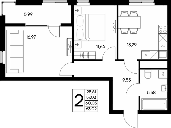 Планировка 2-комн 63,02 м²