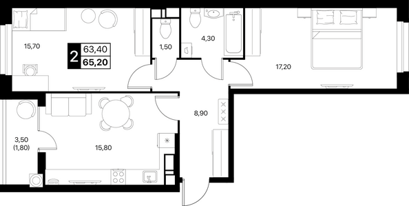 Планировка 2-комн 65,2, 65,5 м²
