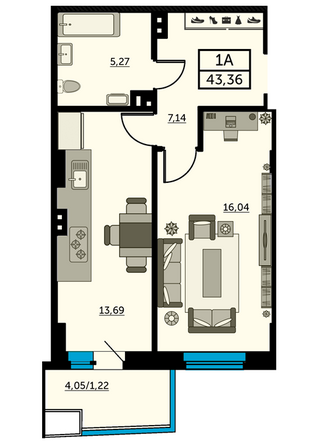 Планировка 1-комн 43,41 - 43,66 м²