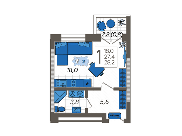 Планировка 1-комн 28,2 м²