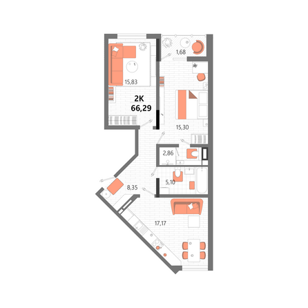Планировка 2-комн 66,29 м²
