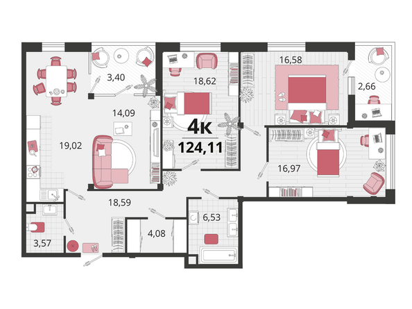 Планировка 4-комн 124,11 м²