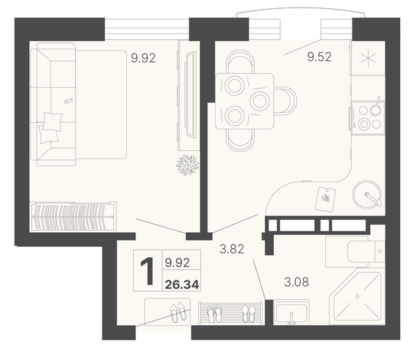 Планировка 1-комн 26,34 м²