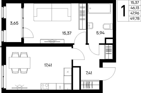 Планировка 1-комн 49,78 м²