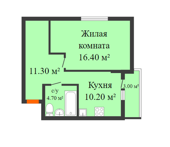 Планировка 1-комн 43,7 - 44,3 м²