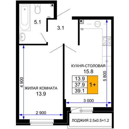 Планировка 1-комн 39,1 м²