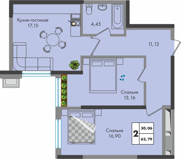 Планировка 2-комн 62,79 м²