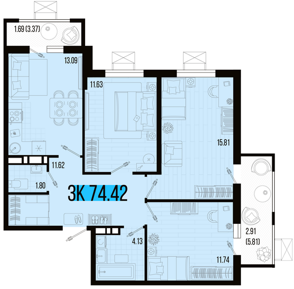 Планировка 3-комн 74,42 м²