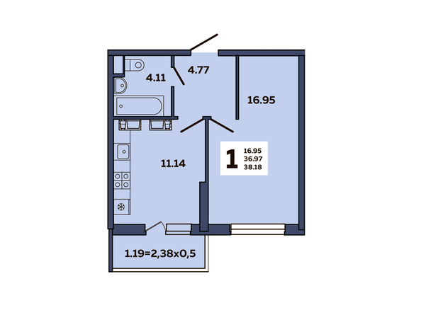 Планировка 1-комн 38,18 м²