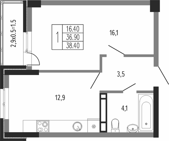 Планировка 1-комн 38,4 м²