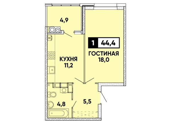 Планировка 1-комн 44,4 м²