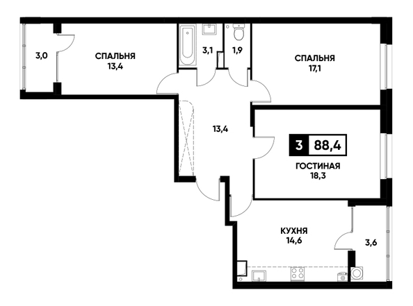 Планировка 3-комн 88,4 м²