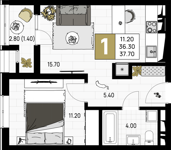 Планировка 1-комн 37,7 м²