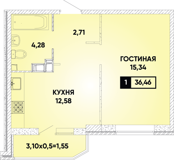 Планировка 1-комн 36,46 м²