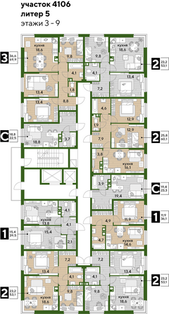 План 3-9 этажа
