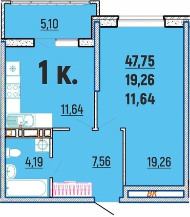 
   Продам 1-комнатную, 47.75 м², Клубный дом Агой

. Фото 1.