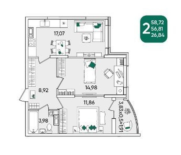 
   Продам 2-комнатную, 58.86 м², Любимово мкр, 2

. Фото 2.