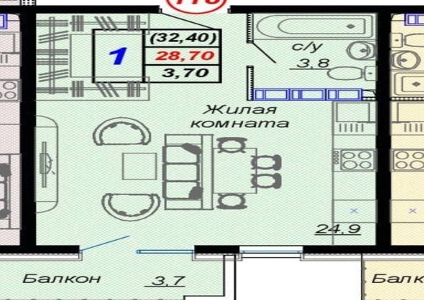 
   Продам 1-комнатную, 32.4 м², Российская ул, уч12

. Фото 12.