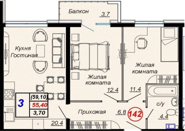 
   Продам 2-комнатную, 59.4 м², Российская ул, уч12

. Фото 12.