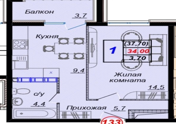 
   Продам 1-комнатную, 37.7 м², Российская ул, уч12

. Фото 13.
