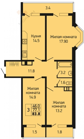 
   Продам 3-комнатную, 83.8 м², Героя Георгия Бочарникова ул, 4к2

. Фото 16.