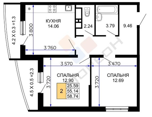 
   Продам 2-комнатную, 59.8 м², Петра Метальникова ул, 38

. Фото 6.