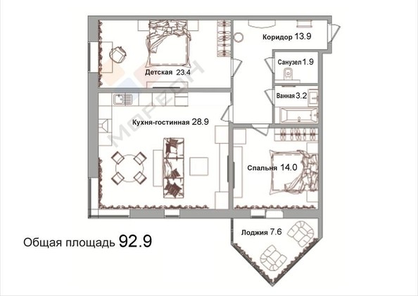 
   Продам 2-комнатную, 92.9 м², Совхозная ул, 1к3

. Фото 16.