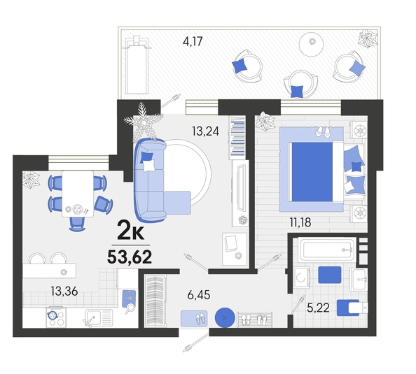 
   Продам 2-комнатную, 53.62 м², Белые росы, литера 9

. Фото 4.