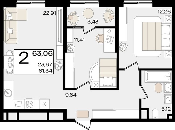 
   Продам 2-комнатную, 63.06 м², Патрики, литер 1.1

. Фото 2.