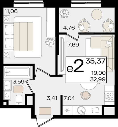 
   Продам 2-комнатную, 35.37 м², Патрики, литер 1.1

. Фото 2.