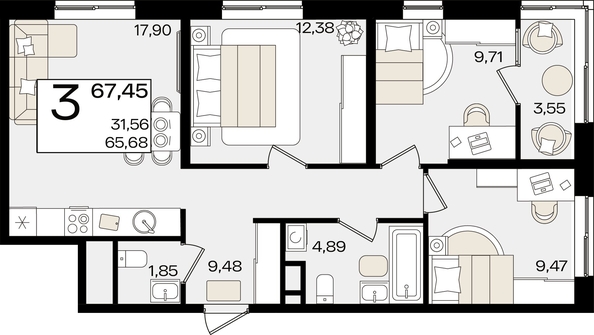 
   Продам 3-комнатную, 67.45 м², Патрики, литер 1.5

. Фото 2.