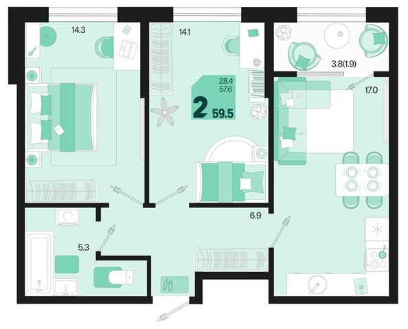 
   Продам 2-комнатную, 59.5 м², Первое место, квартал 1.3, литер 1

. Фото 1.