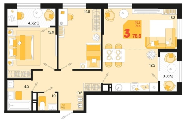 
   Продам 3-комнатную, 78.6 м², Первое место, квартал 1.3, литер 2

. Фото 1.