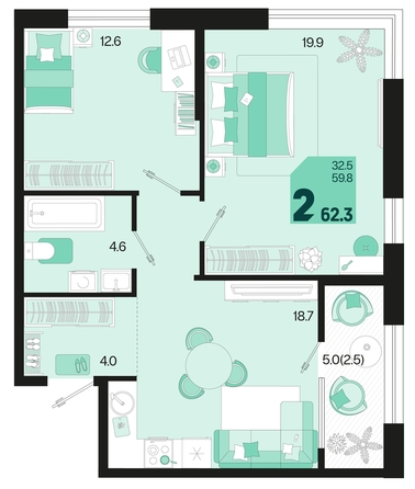 
   Продам 2-комнатную, 62.3 м², Первое место, квартал 1.3, литер 2

. Фото 1.