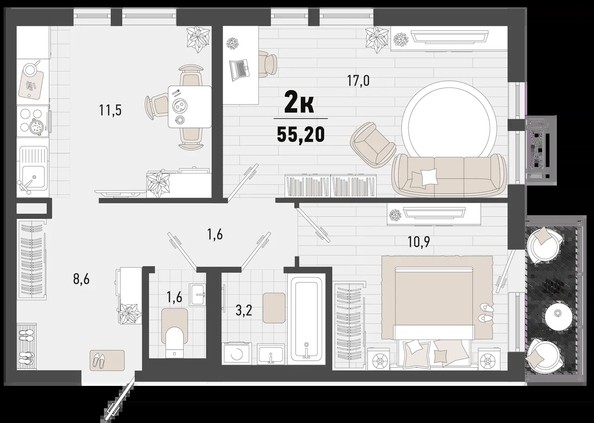 
   Продам 2-комнатную, 55.2 м², Барса, 1В литер

. Фото 1.