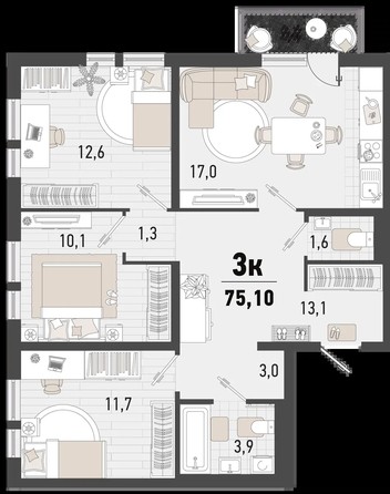 
   Продам 3-комнатную, 75.1 м², Барса, 2В литер

. Фото 1.