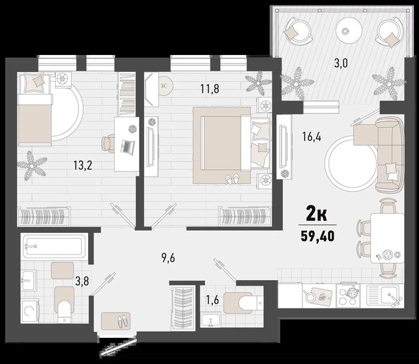 
   Продам 2-комнатную, 59.4 м², Барса, 4В литер

. Фото 1.