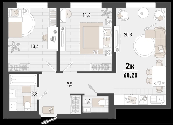 
   Продам 2-комнатную, 60.2 м², Барса, 4В литер

. Фото 1.