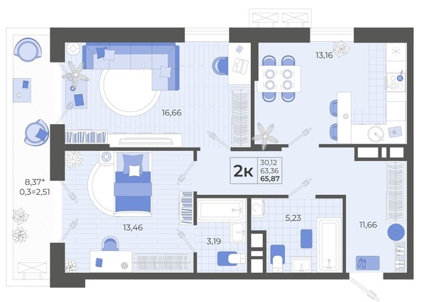 
   Продам 2-комнатную, 65.87 м², Высочество, литера 2

. Фото 4.