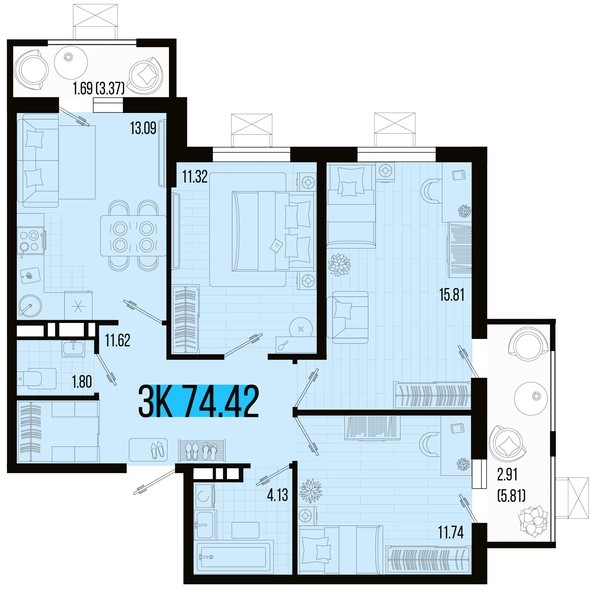 
   Продам 3-комнатную, 74.42 м², Цветной бульвар, литер 3

. Фото 4.