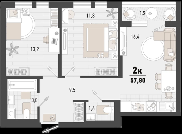 
   Продам 2-комнатную, 57.8 м², Барса, 4В литер

. Фото 2.