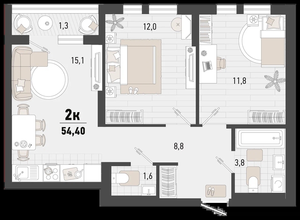 
   Продам 2-комнатную, 54.4 м², Барса, 4В литер

. Фото 2.