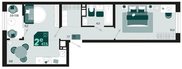 
   Продам 2-комнатную, 47.5 м², Первое место, квартал 1.1, литер 2

. Фото 12.