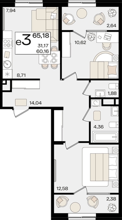 
   Продам 3-комнатную, 65.18 м², Патрики, литер 1.4

. Фото 2.