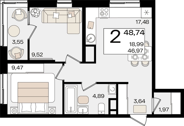 
   Продам 2-комнатную, 48.74 м², Патрики, литер 1.4

. Фото 8.