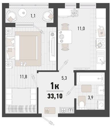 
   Продам 1-комнатную, 33.1 м², Барса, 1В литер

. Фото 2.