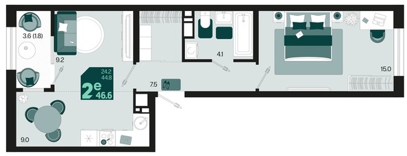 
   Продам 2-комнатную, 46.6 м², Первое место, квартал 1.10 литер 1

. Фото 1.