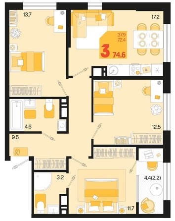 
   Продам 3-комнатную, 74.6 м², Первое место, квартал 1.10 литер 1

. Фото 1.