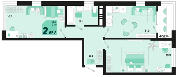 
   Продам 2-комнатную, 65.8 м², Первое место, квартал 1.10 литер 1

. Фото 1.
