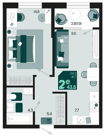 
   Продам 2-комнатную, 43.6 м², Первое место, квартал 1.10, литер 2

. Фото 1.